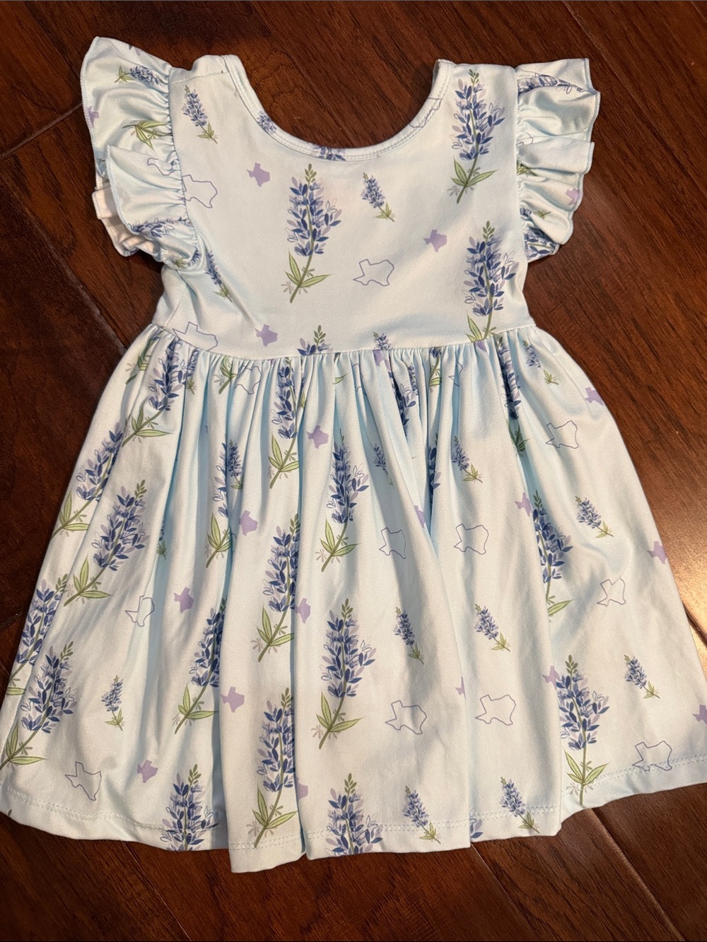 Girls Light Blue Lavender Print Ruffle Sleeve Dress
